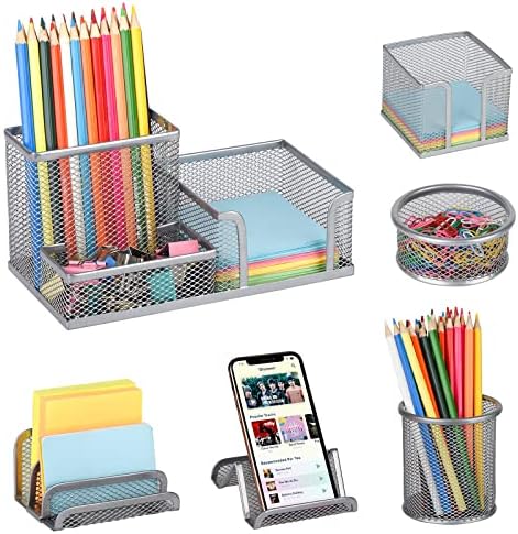 Desk Organizers Set with Mesh Pen Holder Cup, Silver by Zqanve