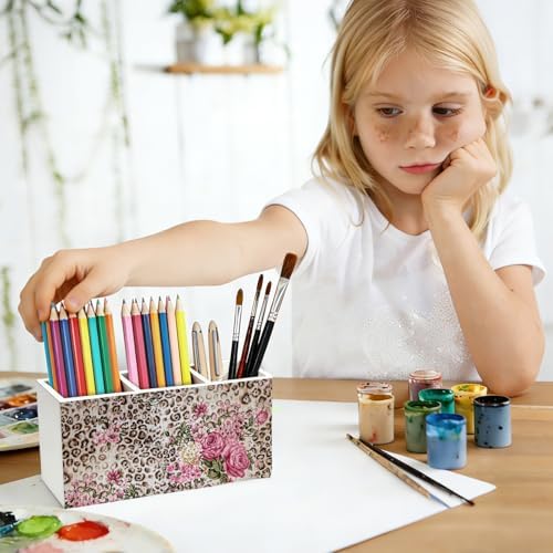Vintage Leopard Print Floral Pen Pencil Holder for Desk Decor - Image 5