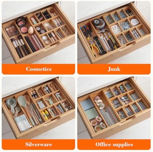 Bamboo Sliding Desk Drawer Organizer 9'' up to 17.9'' x 12'' x 2.2'' Expandable Office Desk Accessories Supplies Tray with 11 Compartments for Pens, Notebooks, Rulers, and Makeup Jewelry Vanity - Image 6