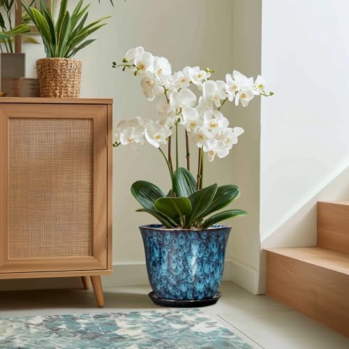 Ceramic Plant Pots - 12 Inch Pots for Plants Indoor Outdoor, Large Round Planter with Drainage Hole and Saucer, Modern Decorative Flower Pot, Home Garden Decor, House Warming Gifts, Blue - Image 6