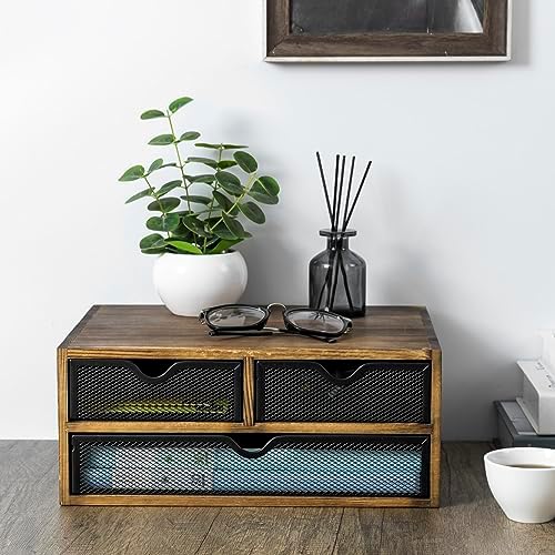 MyGift Rustic Burnt Brown Solid Wood Desktop Organizer Box with 3 Removable Black Metal Mesh Trays, Office Desk Supplies Storage Drawers for Accessories - Image 2