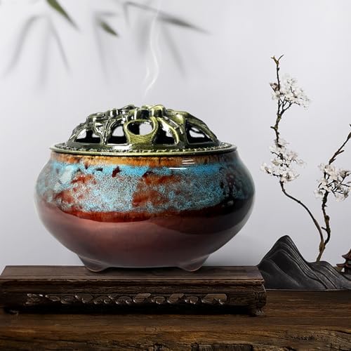 Ceramic Incense Burner, Bowl Burner,Cone Incense Burner with Brass lid for use with Stick or Cone-Shaped Incense，Lotus Incense Stick Holder Calabash Incense Stick Holder, 3pc (Fambe Blue) - Image 2