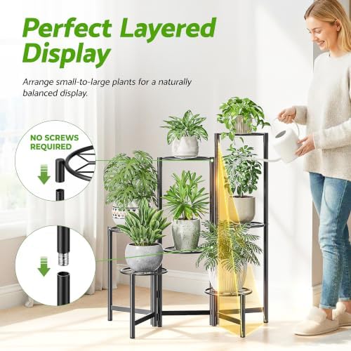 7 Tier Metal Patio Plant Stand Outdoor, Heavy Duty Flower Stands for Indoor Plants, Floding Tall Corner Shelf for Diaplay Racks for Home Decor, Graden, Balcony -BlackDiamond - Image 6