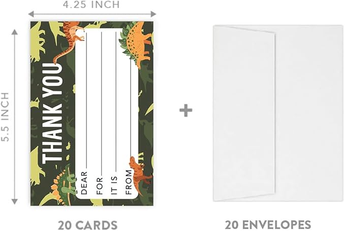 Andaz Press Kids Fill in the Blank Thank You Cards 20 Cards Including Envelopes Camo Dinosaurs Gender Neutral Note Cards For Boys Girls Birthday Party Thank You Notes for Friends Family Party Guests