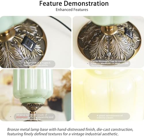Vintage Milk Glass Table Lamp, 3-Way Dimmable USB-C+A, Green Bedroom Lamps - Image 3
