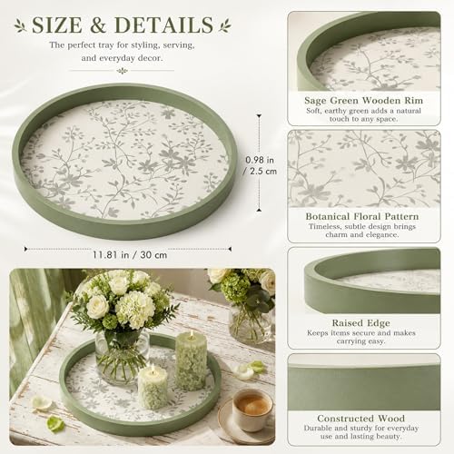 Novabright Sage Green Wooden Serving Tray, 11.8" Round Cottagecore - Image 3