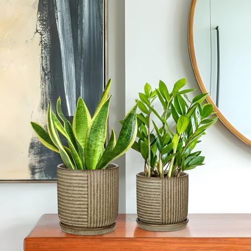Oairse Ceramic Pots for Indoor Plants, 6.1 +4.9 inch Pots for Plants Set of 2 Brown Plant Pots with Drainage Holes and Saucers Texture Ceramic Planters Indoor Outdoor Flower Pot for Succulent - Image 7