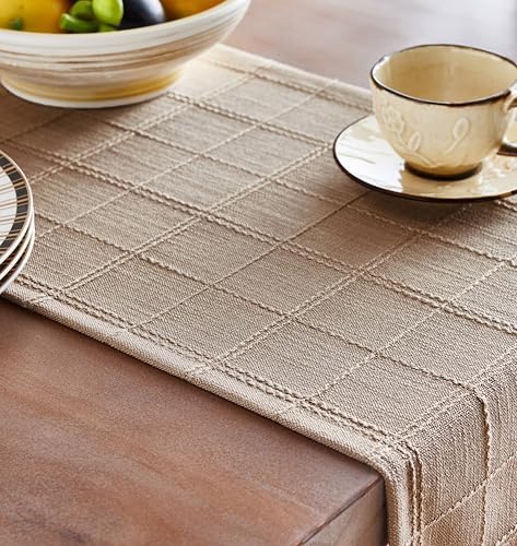 ZeeMart Linen Checked Farmhouse Table Runner, 13x36 Inches Taupe - Image 5
