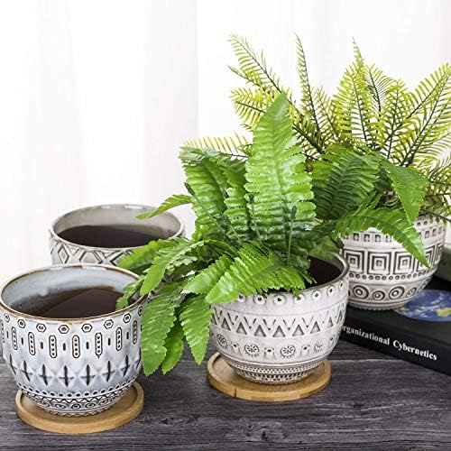 VanEnjoy 5.6 inch Large Round Bohemian Style Ceramic Planter, Geometry Engrave Off White Brown Succulent Planter Flower Pot, Indoor Outdoor Decorative Planter - Image 6