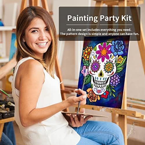 Pre Drawn Canvas Painting Kit for Adults Paint and Sip Party Supplies 8x10 in Canvas to Paint, 8 Acrylic Colors,3 Brush,1 Pallet Art Set Day of The Dead Dia de Los Muertos Sugar Skull - Image 4