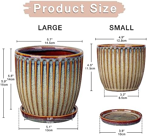 Oairse Ceramic Pots for Indoor Plants, 4.9 +5.7 inch Set of 2 Brown Plant Pots with Drainage Holes and Saucers Texture Ceramic Planters Indoor Outdoor Flower Planters for Succulent - Image 3