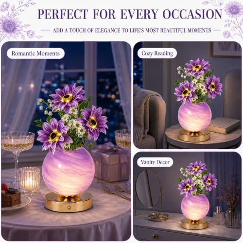Tulip Table Lamp, Rechargeable Cordless Touch Dimming Artificial Tulip Flower Desk Lamp, LED Flower Bedside Night Light Romantic Gifts for Girl Women Mom (Purple Sunflower) - Image 5
