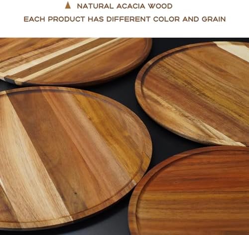 PINXIURY 13.8 Inch Round Wooden Decorative Serving Tray for Coffee Table and Home Decor, Round Wood Tray for Table Centerpiece, Small Candle Tray, Acacia, Appetizer Charcuterie Board - Image 3