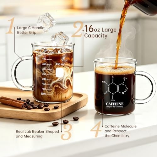 Caffeine Beaker Mug, Caffeine Molecule Mug - Chemistry Mug 16 oz Borosilicate Glass Coffee Mugs with Handle and Measuring for Coffee, Latte, Tea or Hot and Cold Beverage - Tea Coffee Mug - Image 2