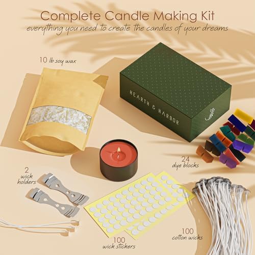 Hearth & Harbor Natural Soy Wax and DIY Candle Making Supplies - 10 Lbs Soy Candle Wax Flakes, 24 Candle Wax Dye Blocks, 100 Cotton Wicks, and 2 Metal Centering Device - Image 2