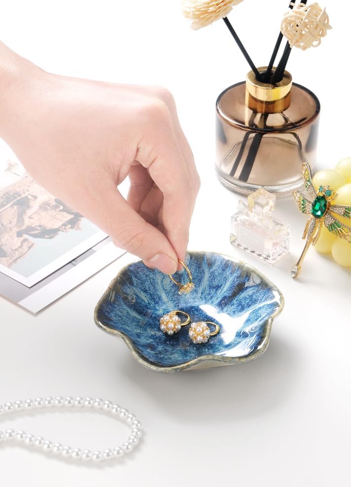 2PCS Lotus Leaf Shape Ring Holder Dish, Small Key Bowl, Ceramic Trinket Tray Jewelry Dish Organizing Necklace Earrings for Mom Friend Sister, All Jewelries Are NOT Included. White+Light Blue. - Image 2