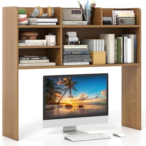 Giantex Desktop Bookshelf, 37" Desk Hutch Dorm for Computer Up to 32 Inch, Countertop Hutch w/6 Storage Shelves, 3-Tier Desktop Organizer Display Rack, Wood Desk Shelf for Home Office (Natural) by Giantex
