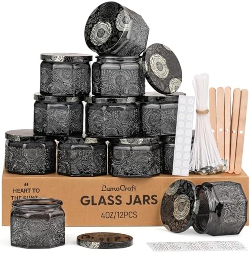 LumaCraft 12 Pack 4oz Glass Candle Jars with Lids, Hexagon Embossed Candle Making Containers, Empty Candle Jars with 20 Wicks & Labels for DIY Candle Making, Party Favors, Home Decor by Unknown