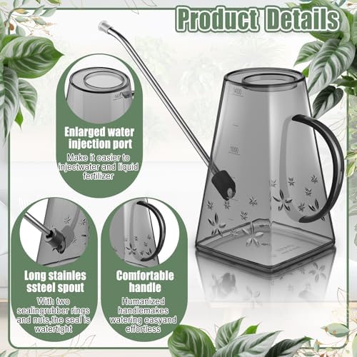 Plants Watering Can for Indoor Plants with Long Stainless Steel Spout & Soil Moisture Meter Long Spout Watering Cans for House Plant, Pot Flower, Succulent, Garden(Gray,1.4 L,Trapezoid) - Image 3