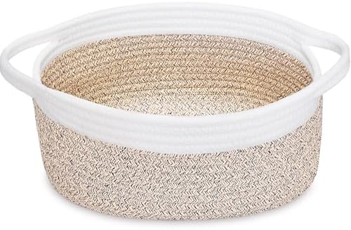ABenkle Small Basket with Handles, Boho Decorative Rope Woven Dog Cat Toy Storage Bin Shelf Storage Organizer, Easter Christmas Gift Basket, 12"x8"x5", Mixed Brown by ABenkle
