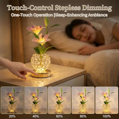 Stargazer Lily Flowers Crystal Table Lamp, Rechargeable Touch Night Lamp - Image 4