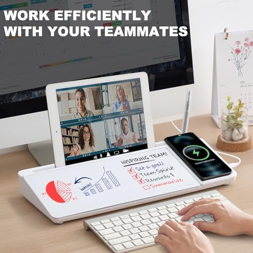 Small Glass Desktop Whiteboard Dry-Erase-Board - Computer Keyboard Stand with Wireless Charger White Board Surface Pad with Drawer, Desk Organizers with Accessories for Office, Home, School Supplies - Image 2