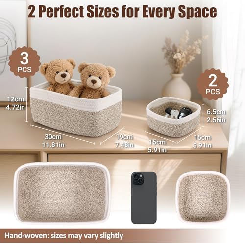 5-Pack Small Woven Rope Storage Baskets, 2 Sizes Organizer Bins - Image 2
