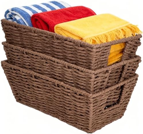 Paper Rope Storage Baskets for Shelves Organizing, Small Hand Woven Wicker Organizer Basket with Handle for Bathroom Toilet Paper Storage, Brown, 3-Pack - Image 6
