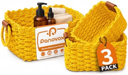 Small Wicker Baskets, 3 PCS Paper Rope Baskets for Shelves, Yellow by Panovox