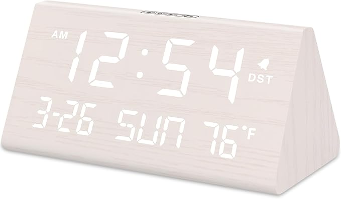 DreamSky Digital Alarm Clocks for Bedrooms - Wooden Desk Clock with Date, Day of Week, USB Port, Temperature, Dimmer for Bedside Table, Living Room, Office, Adjustable Volume, Auto DST, Wood Decor
