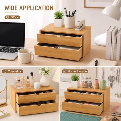 Bamboo Desk Organizer with 2 Drawers, Natural Wood Tabletop Storage Box | No-Assembly Countertop Drawer for Office Home Makeup Jewelry Stationery - Image 5