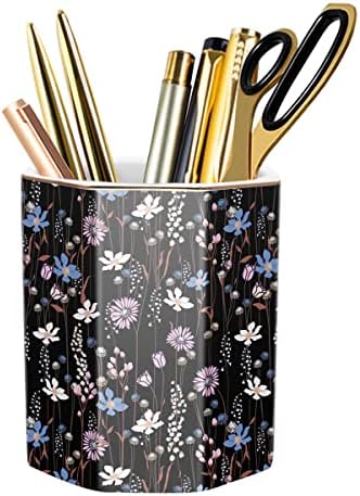 Ceramic Floral Pen Holder for Desk, Cute Large Capacity Colored Pencil Organizer for Office, Makeup Brush Holder for Girl Women, Black Flower by WAVEYU