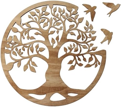 Wooden Tree of Life Wall Art 12 Inch Round Tree Life Wall Decor with 3 Bird by Focal20Craft