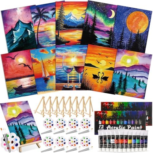 Ctosree 72 Pcs Colorful Sky Paint and Sip Kit for Adults 8'' x 10'' Pre Drawn Canvas for Painting DIY Pre Printed Canvas for Party Favor Afro Acrylic Painting Kit Wood Easel Brushes Date Night Bulk by Ctosree