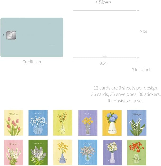 Monolike Day-by-day Card, Thank you - Olivia's Flowers Series.1 - Mix 36 Mini Single cards, 36 envelopes, 36 stickers Package