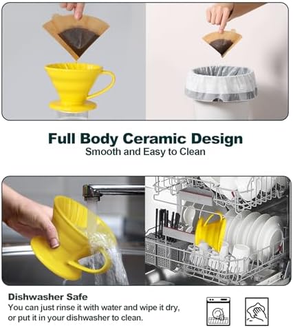 Pour Over Coffee Dripper - Ceramic Cup, Pour Over Coffee Maker Cone, Porcelain Cone, Easy Manual Brew Maker - Strong Flavor Brewer for Home, Cafe, Office - 1-4Cup, V60 Size 02 (Bright Yellow) - Image 4