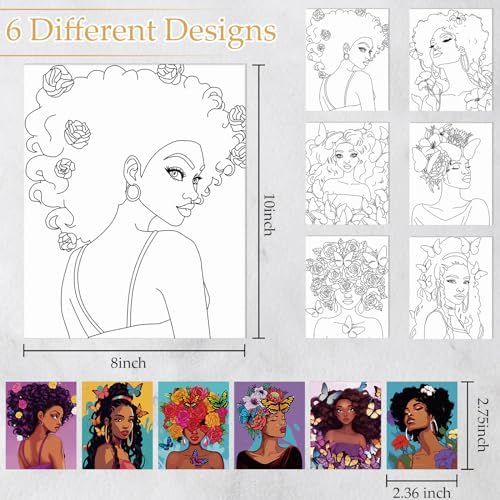Dinifee 6 Pack Pre Drawn Canvas for Painting Pre Printed Canvas Kit 8 x 10 Inch Stretched Cotton Paint and Sip Set for Adults Couple Party Graduation Summer Date Night(Flower Lady) - Image 3