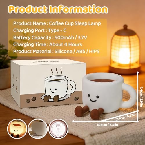 Coffee Cup Night Light, 3 Level Dimmable 30 Timer 7 Colors Nightlight Cute Lamps Silicone Squishy Light USB Rechargeable Bedside Touch Lamp for Baby Desk Dorm Decor Birthday Gift - Image 7