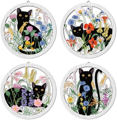 HPNIUB Funny Black Cat Wall Decor,Farmhouse Floral Wooden Signs,4 Pieces 10''x10'' Colorful Botanical Kitten Wall Art,Plant Cat Wood Plaque Home Decor for Pet Shop,Nursery,Lovely Cat Gifts by HPNIUB