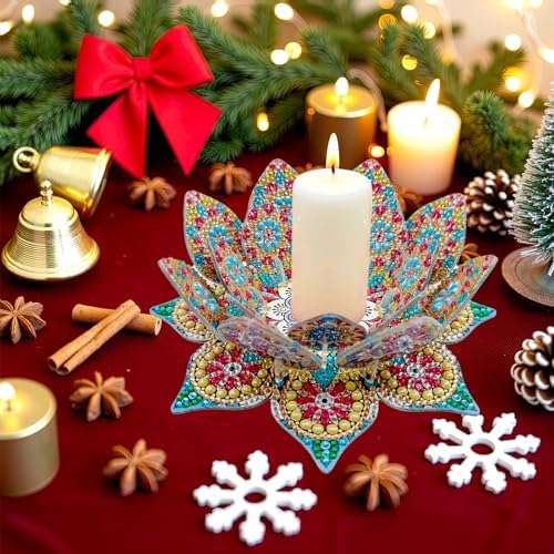 jinglinhh DIY Mandala Lotus Diamond Art Painting Aromatherapy Candle Holder Kit for Adults, Acrylic Diamond Art Tabletop Candlestick Holder Tray Ornaments Craft Project for Beginners(Gold Blue Lotus) - Image 2