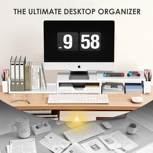 OPNICE Desk Organizers and Accessories, Dual Monitor Stand Riser with Drawer and 2 Pen Holders, Desk Shelf Printer Stand for Office Workspace Organizers, Desktop Organization (White) - Image 5