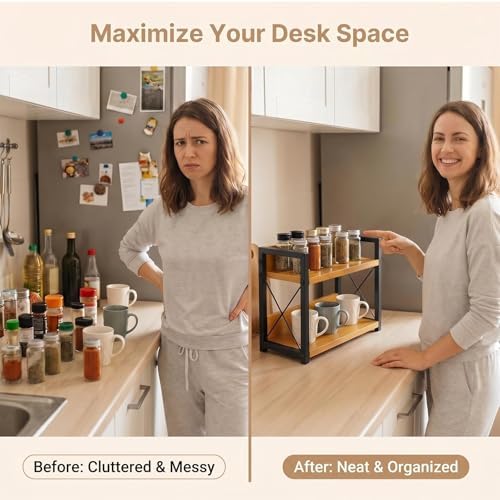 2-Tier Countertop Organizer, Iron-Wood Coffee Station Shelf, Heavy Duty Kitchen Counter Spice Rack for Coffee Bar, Pantry, Bathroom Storage (Bamboo) - Image 3