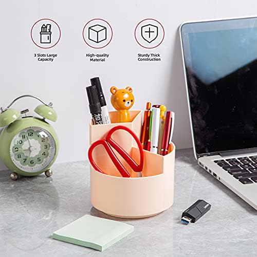 Desk Pencil Pen Holder, 3 Slots 360-Degree Spinning Organizers, Desktop Storage Stationery Supplies, Cute Cup Pot for Office, School, Art Supply, Kids - Pink - Image 2