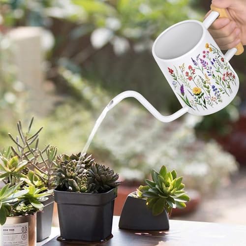 Watering Can Indoor Plants, 35 oz/1000 ml Metal Stainless Steel Watering Can Pot with Long Spout for Indoor House Plants Bonsai Outdoor Garden Flower Decorative White Flowers - Image 3