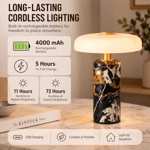 Brown Cordless Rechargeable Marble Table Lamp with Glass Shade - Image 6