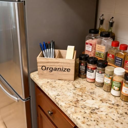 Dlounery Small Wooden Organizer Box (6.3in) for Desk and Kitchen Countertop, Double-grid Desktop Organizer with "Organize" Print, Wood Grain Small Storage box for Utensils, Office Supplies - Image 2