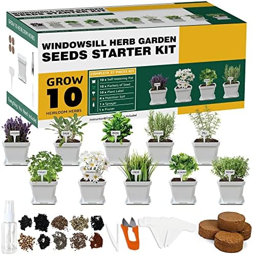 Meekear 10 Herb Seeds Garden Starter Grow Kit with White Pots, Markers, Nutritional Soil, Watering, Herb Clipper, Complete Indoor Potted Plant Growing Set for Kitchen DIY by Meekear-BEWITHYOU
