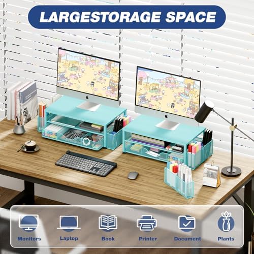 OPNICE Desk Organizer and Accessories, 2-Tier Computer Monitor Stand Riser with Drawer and 2 Pen Holders, Laptop Stand, Office Desk Accessories for Office Supplies, Teal Blue - Image 3