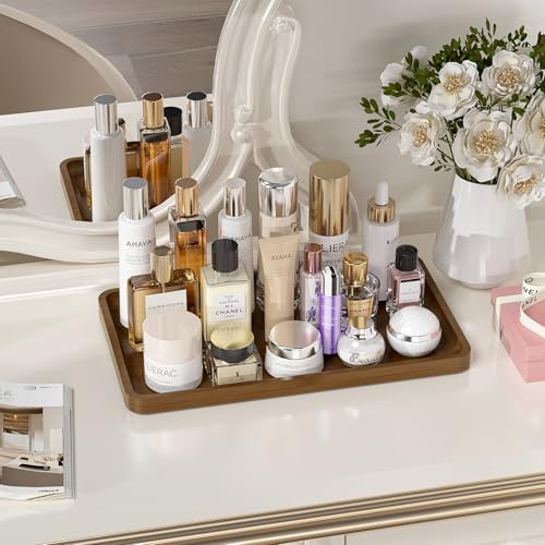 Weenson Bathroom Vanity Tray for Countertop Decor Perfume Makeup Toiletries Toilet Tank, Large Bamboo Kitchen Tray for Spice Salt, Serving Tray for Food Coffee, Nightstand Candle Brown 14.2”x8.3” - Image 2