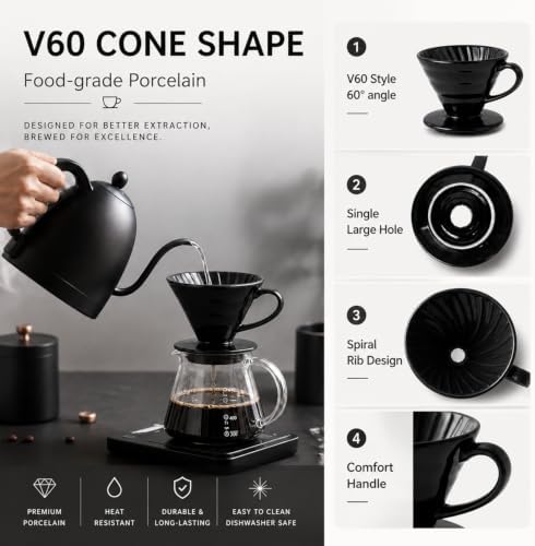 Pour Over Coffee Dripper - Ceramic Pour Over Coffee Maker Cone, Porcelain Coffee Drip, Pour Over Single Cup, Manual Brew Maker for Home, Cafe, Office - 1-4Cup, V60 Size 02 (Black) - Image 2